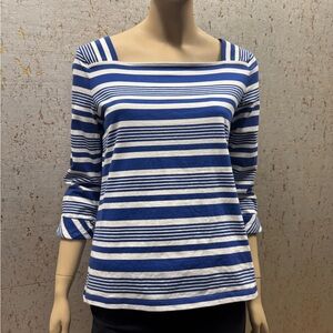 Talbots Sky Blue and White Striped Top 3/4 Sleeves with rolled cuffs.